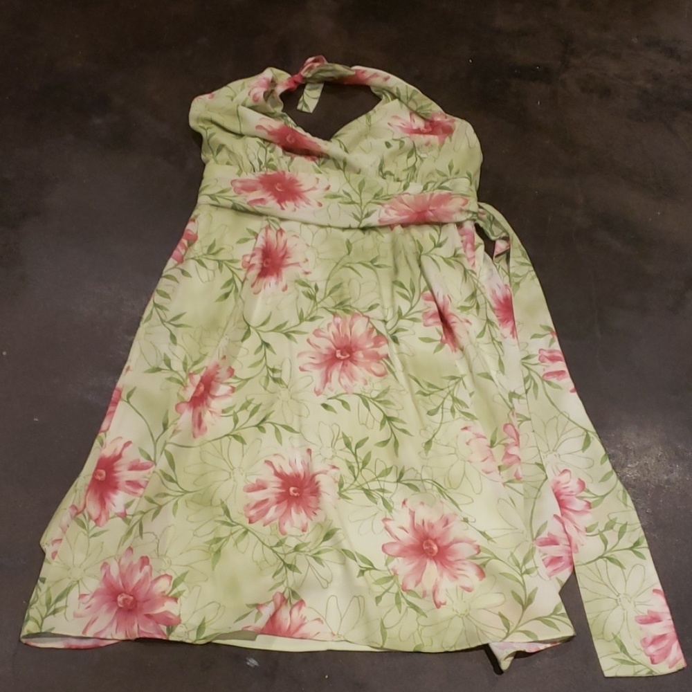 Green with pink flowers halter neck dress.